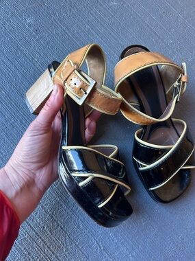 Marni Black Patent and Tan Block Heel Sandals with Cream Trim